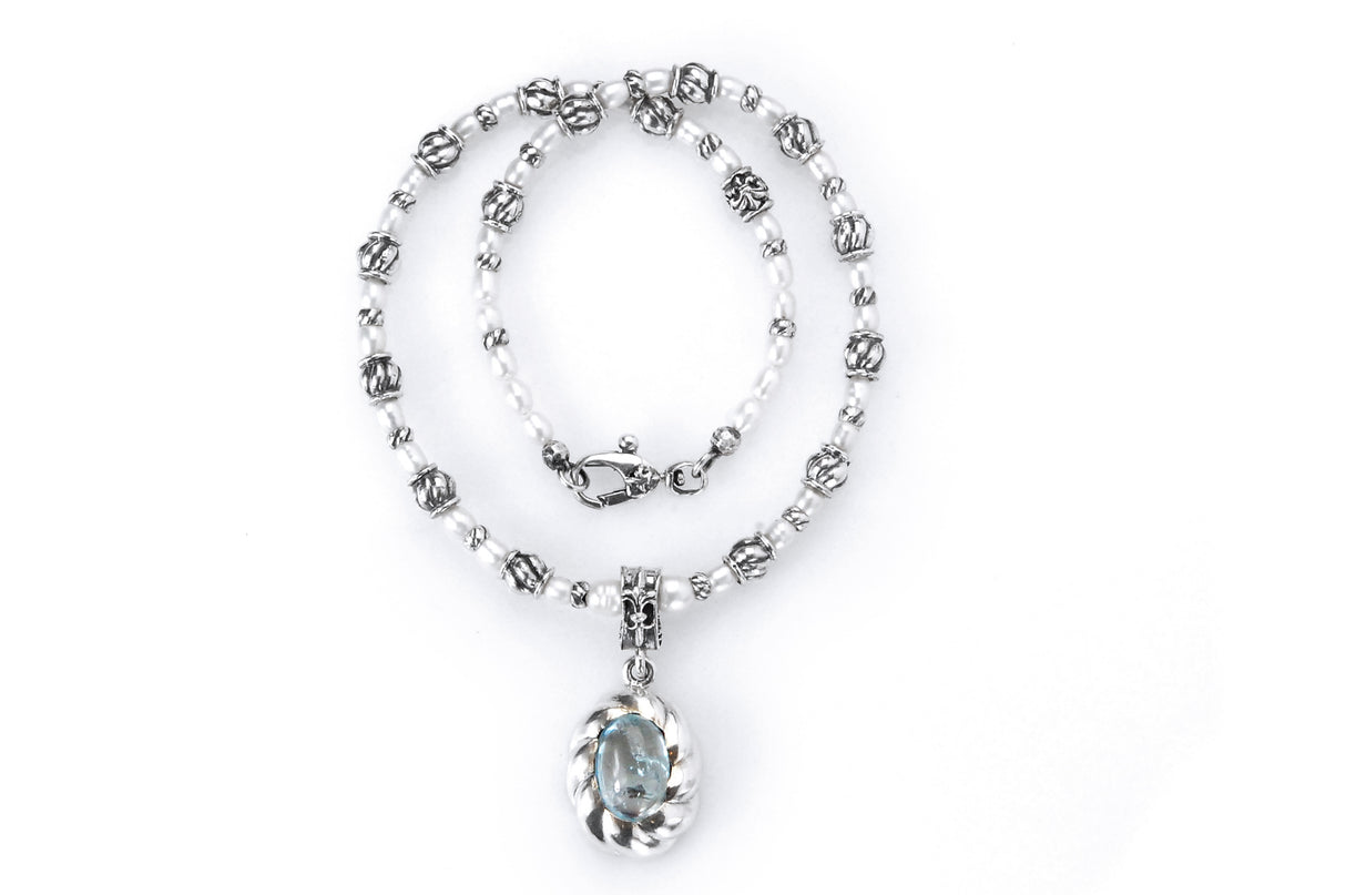 Silver with BEADS/PEARLS Necklace with SPIRAL Tubes + Oval Pendant Stoneholder