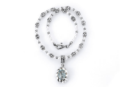 Silver with BEADS/PEARLS Necklace with SPIRAL Tubes + Oval Pendant Stoneholder