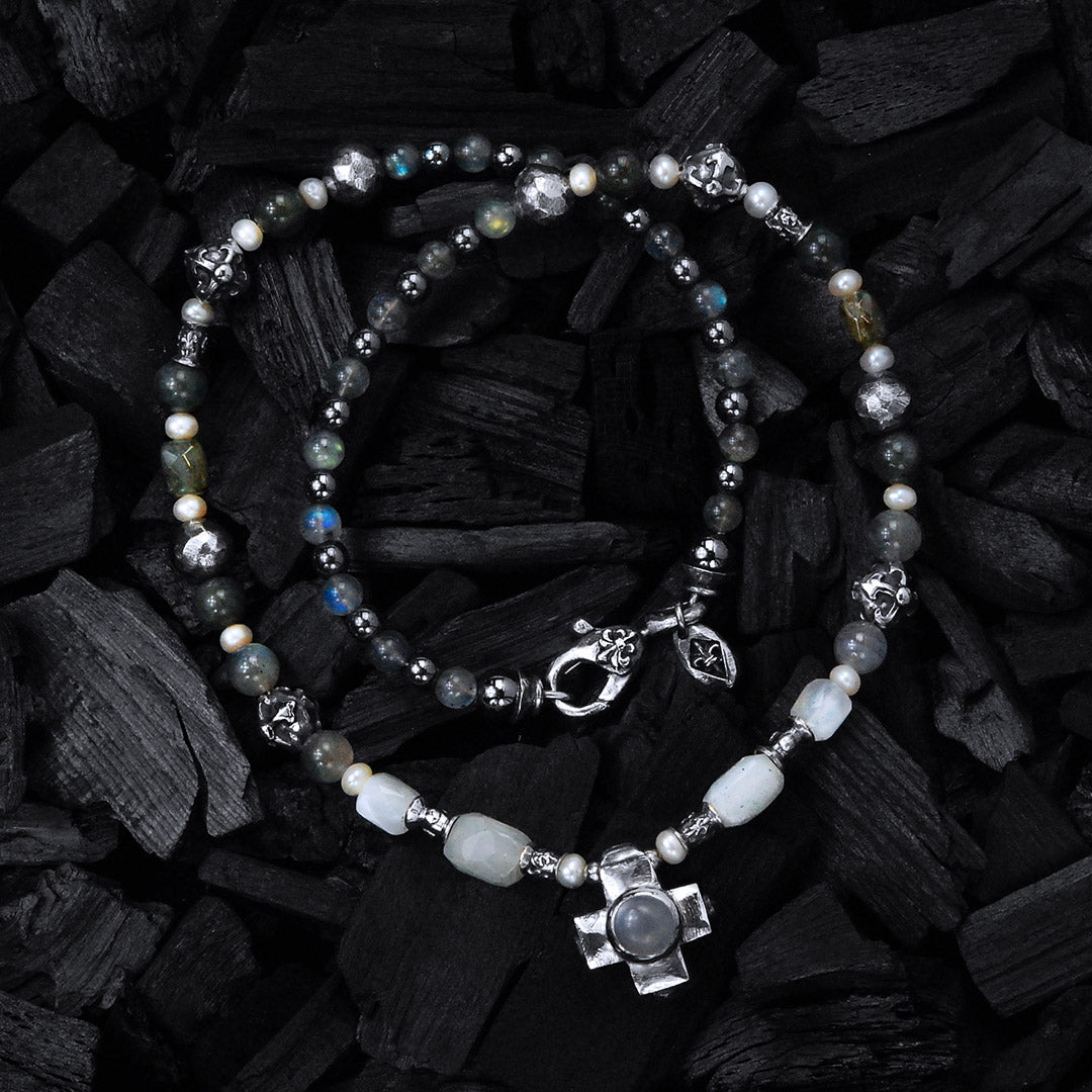 ROCKS and BEADS Halskette mit silbernen Röhren und Kugeln und GRIECHISCHEM RUNDSTEINKREUZ
