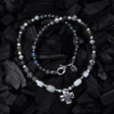ROCKS and BEADS Necklace with Silver Tubes and Balls and GREEK ROUND STONE CROSS