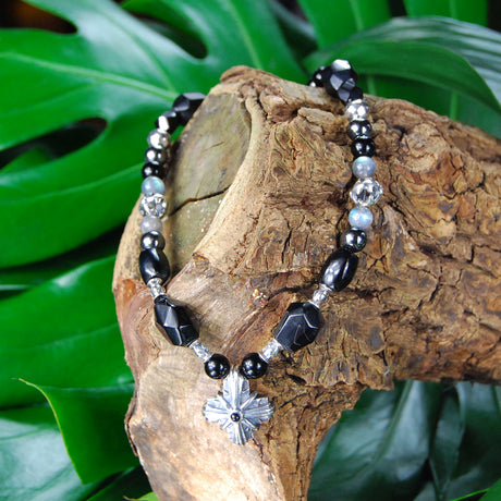 ROCKS and BEADS Necklace with Silver Tubes and Balls and GREEK MORNINGSTAR CROSS