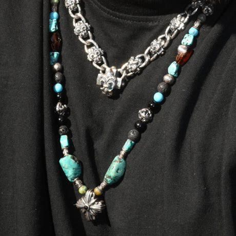 ROCKS and BEADS Necklace with Silver Tubes and Balls and GREEK MORNINGSTAR CROSS