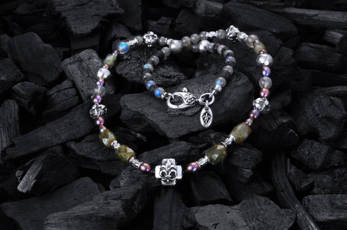 ROCKS and BEADS Necklace w. Silver Tubes and Balls and GREEK LILY CROSS