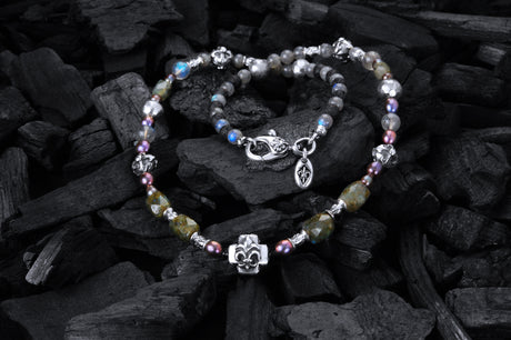 ROCKS and BEADS Necklace w. Silver Tubes and Balls and GREEK LILY CROSS