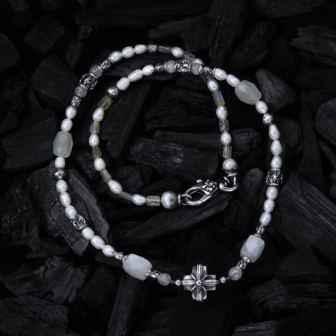 ROCKS and PEARLS Necklace w. Silver Tubes and Balls and GREEK MORNING STAR CROSS