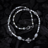 ROCKS and PEARLS Necklace w. Silver Tubes and Balls and GREEK MORNING STAR CROSS