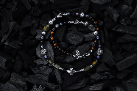 ROCKS and BEADS Necklace w. Silver Tubes+Balls + MALTESER  + Center SKULL CROSS
