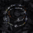 ROCKS and BEADS Necklace w. Silver Tubes+Balls + MALTESER  + Center SKULL CROSS