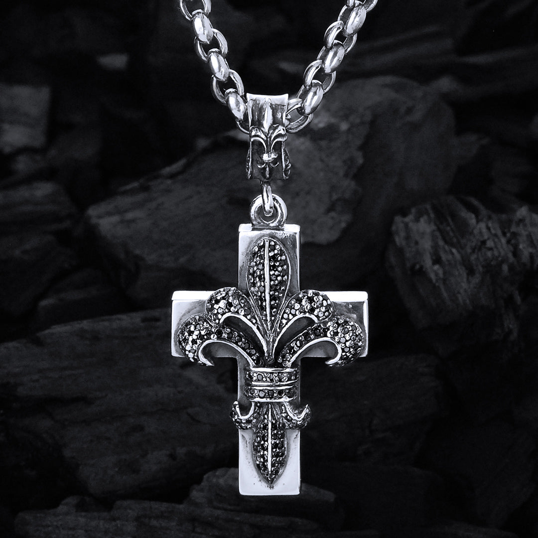 Silver Pendant LILY ON CROSS M Pave Diamond Black