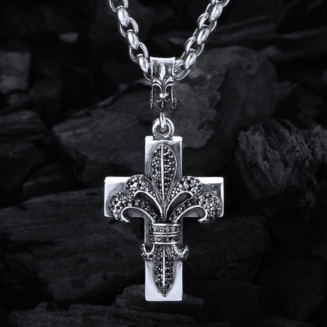 Silver Pendant LILY ON CROSS M Pave Diamond Black