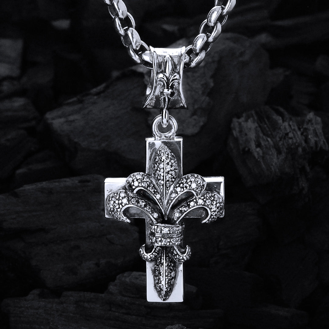 Silver Pendant LILY ON CROSS M Pave Diamond Black