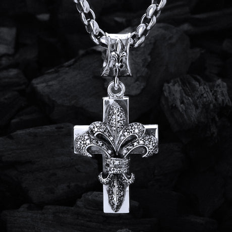 Silver Pendant LILY ON CROSS M Pave Diamond Black