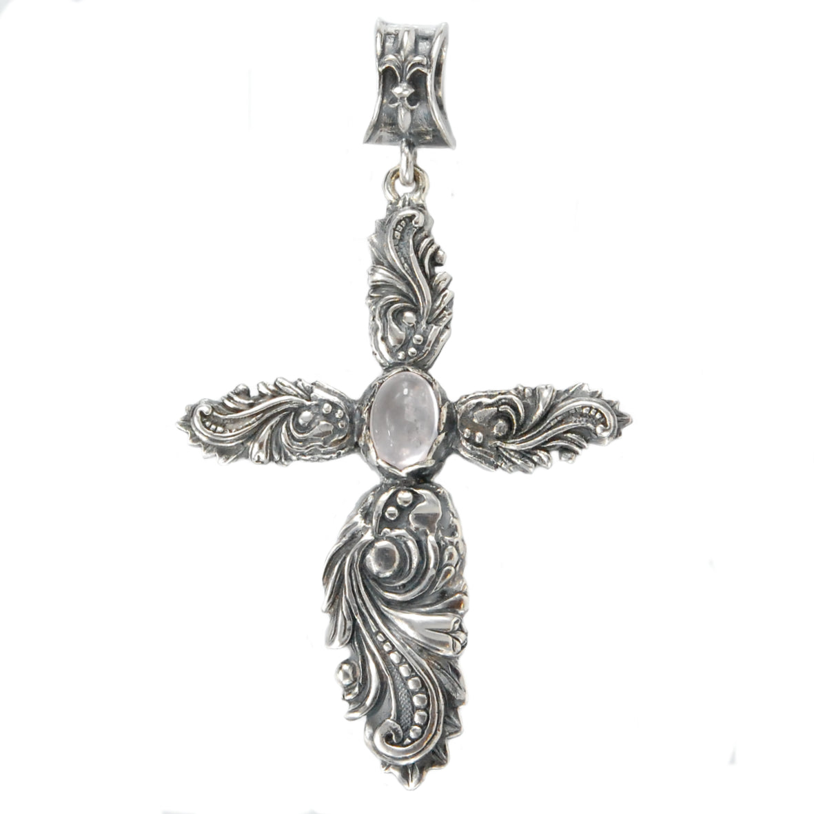Silver Pendant MAGIC PLANT Cross and OVAL ROSE QUARZ 70