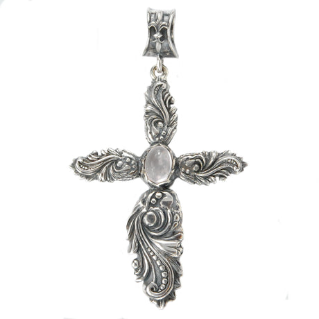 Silver Pendant MAGIC PLANT Cross and OVAL ROSE QUARZ 70