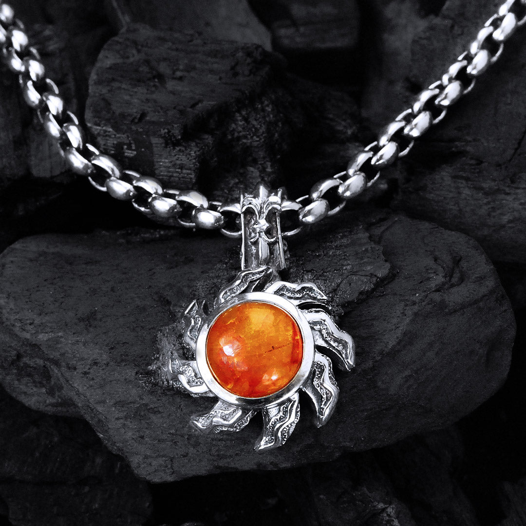Silver Pendant  Spiral Flamed SUN  and Stone