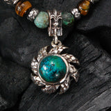 Silver Pendant  Spiral Flamed SUN with Dragon Scales and Stone