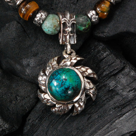 Silver Pendant  Spiral Flamed SUN with Dragon Scales and Stone