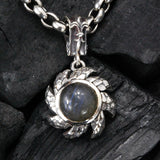 Silver Pendant  Spiral Flamed SUN with Dragon Scales and Stone