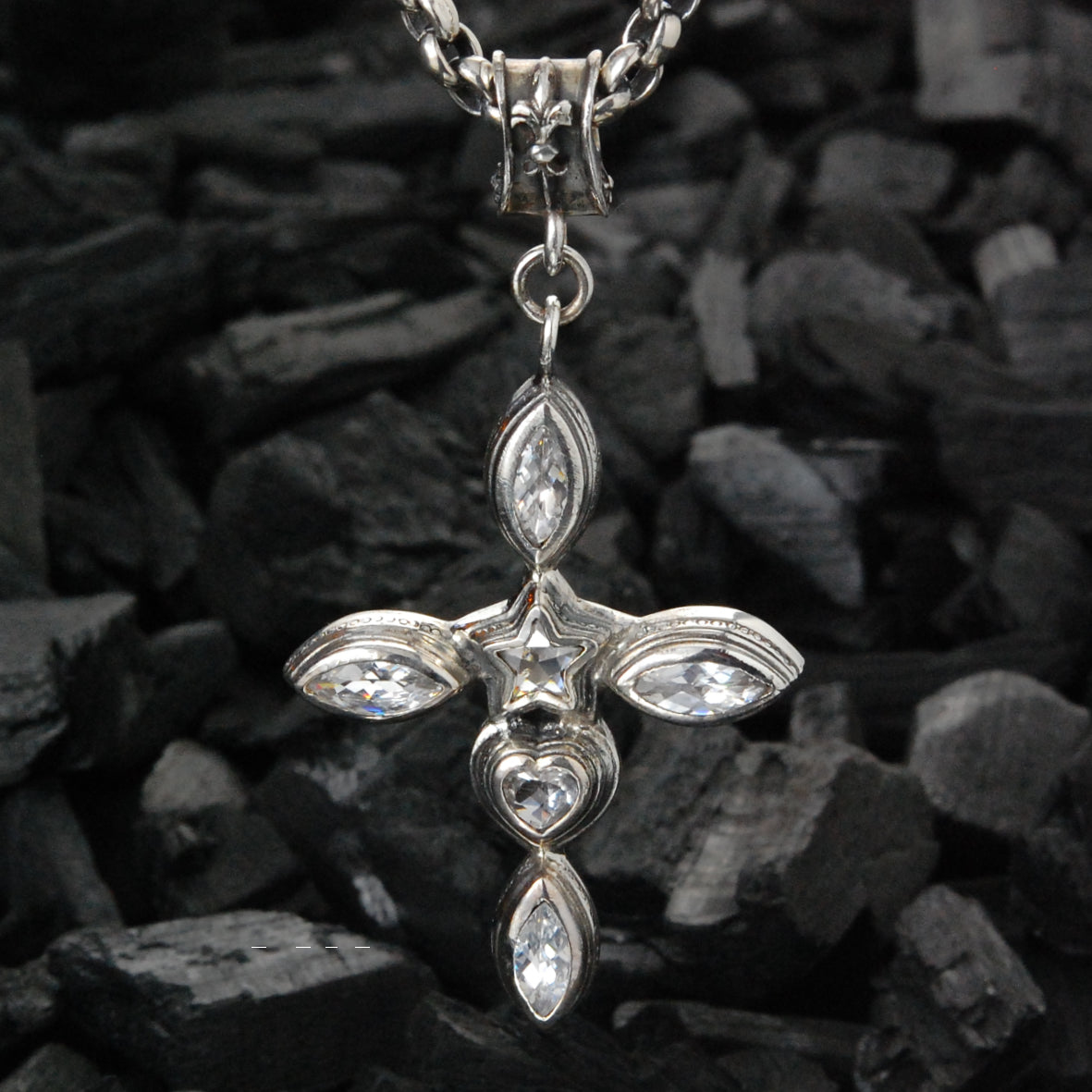 Silver Fetish Chain Peas with Lilies,Crowns and Stars with a Mystic Cross