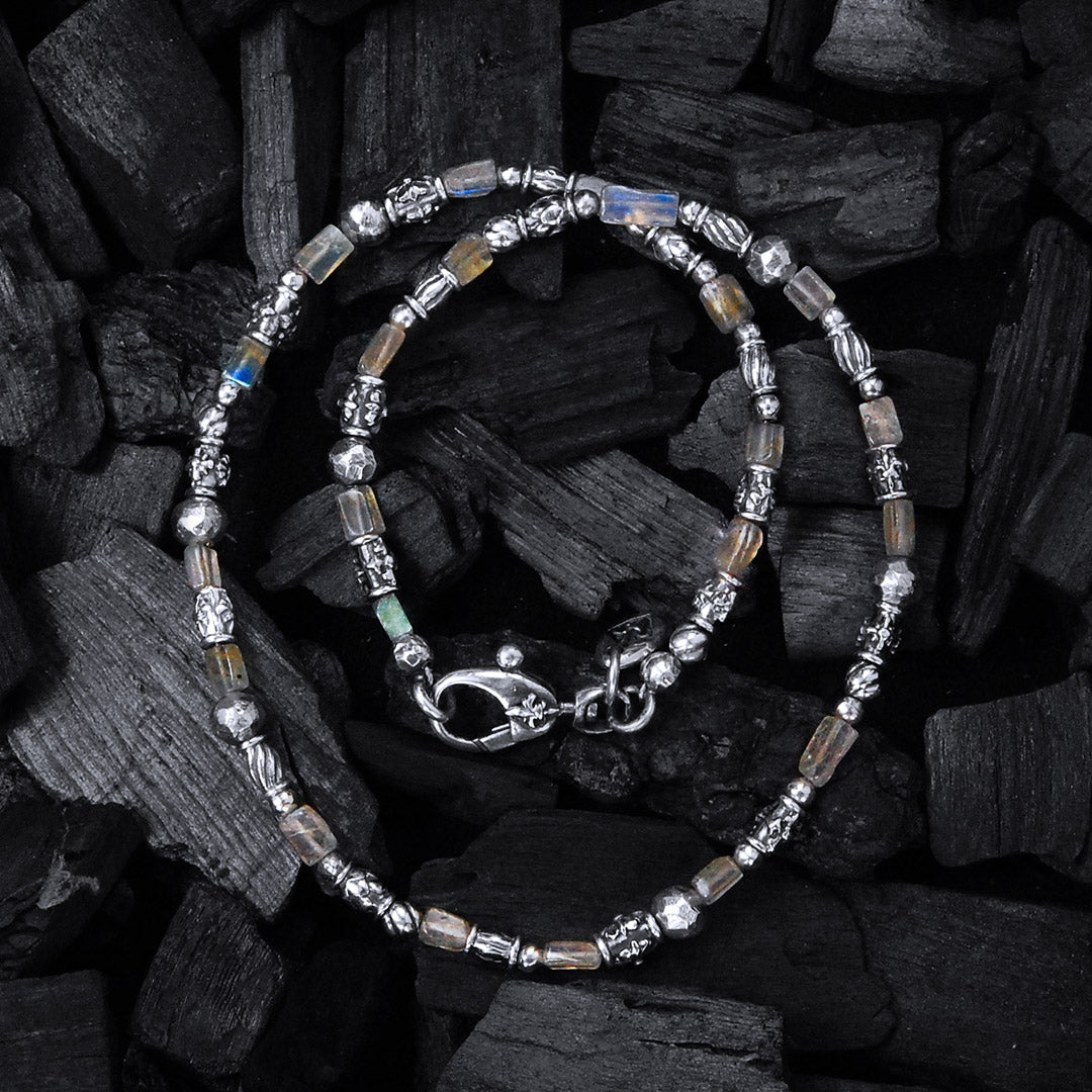 Silver Neckband TUBES with Elfin Decor and LABRADORITE SQUARE BARS