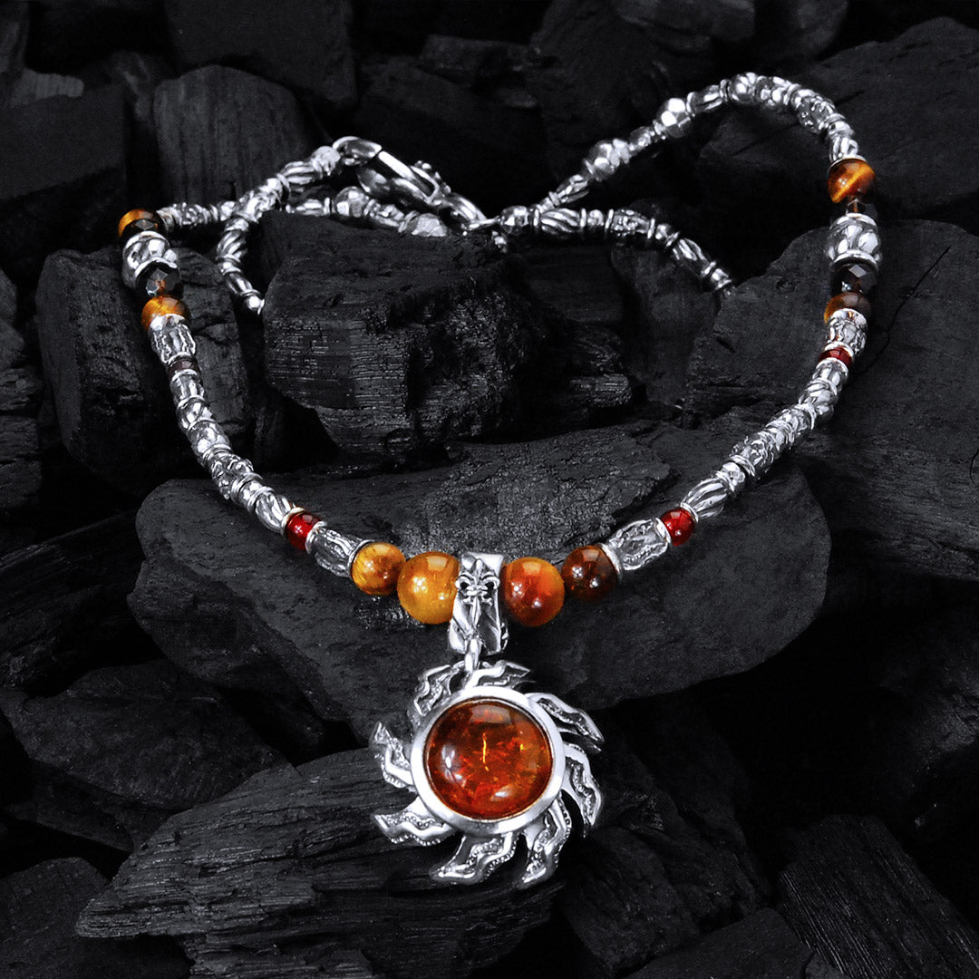 SilverTubes+Beads/Pearls and FLAMED SUN with Rays Necklace