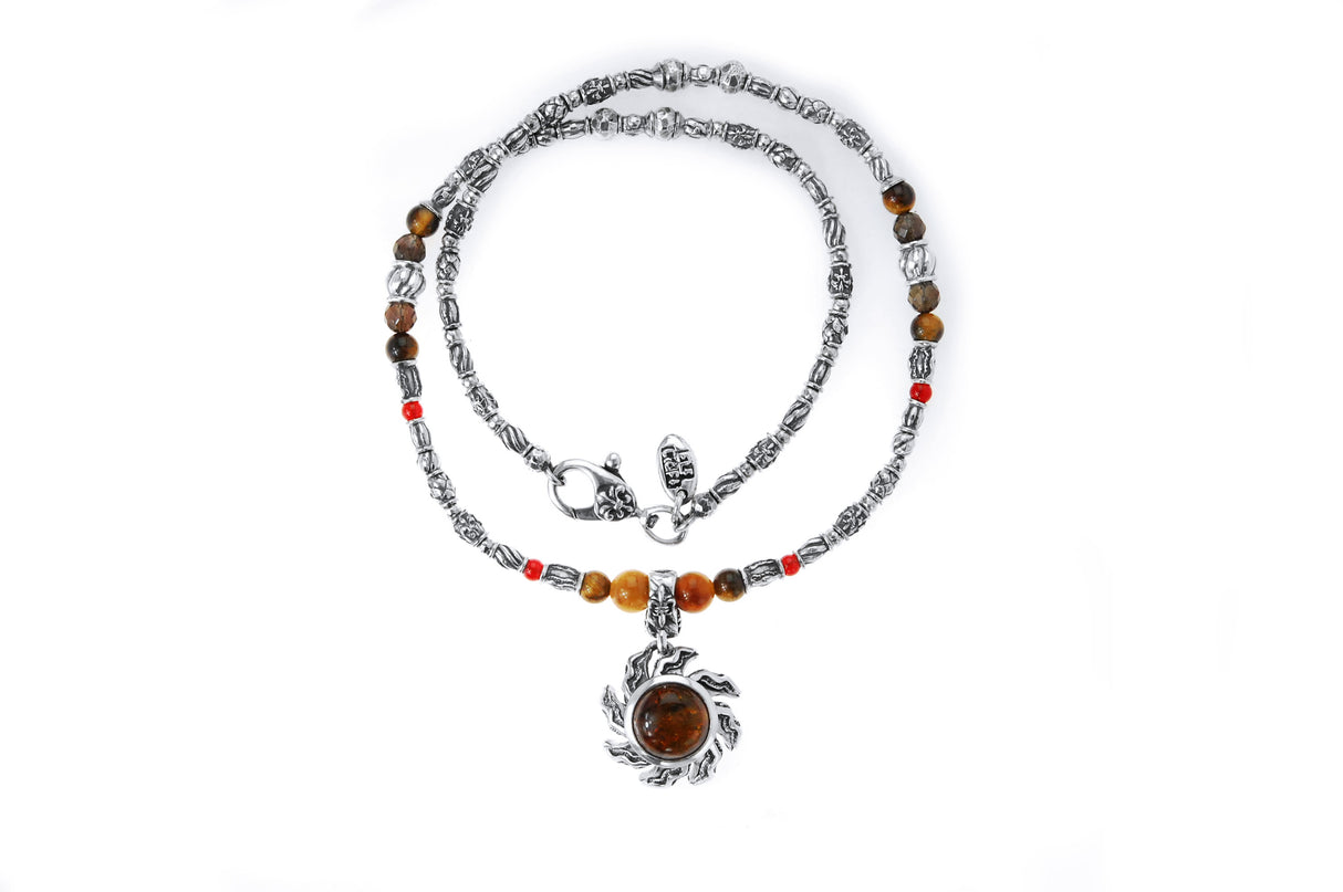 SilverTubes+Beads/Pearls and FLAMED SUN with Rays Necklace