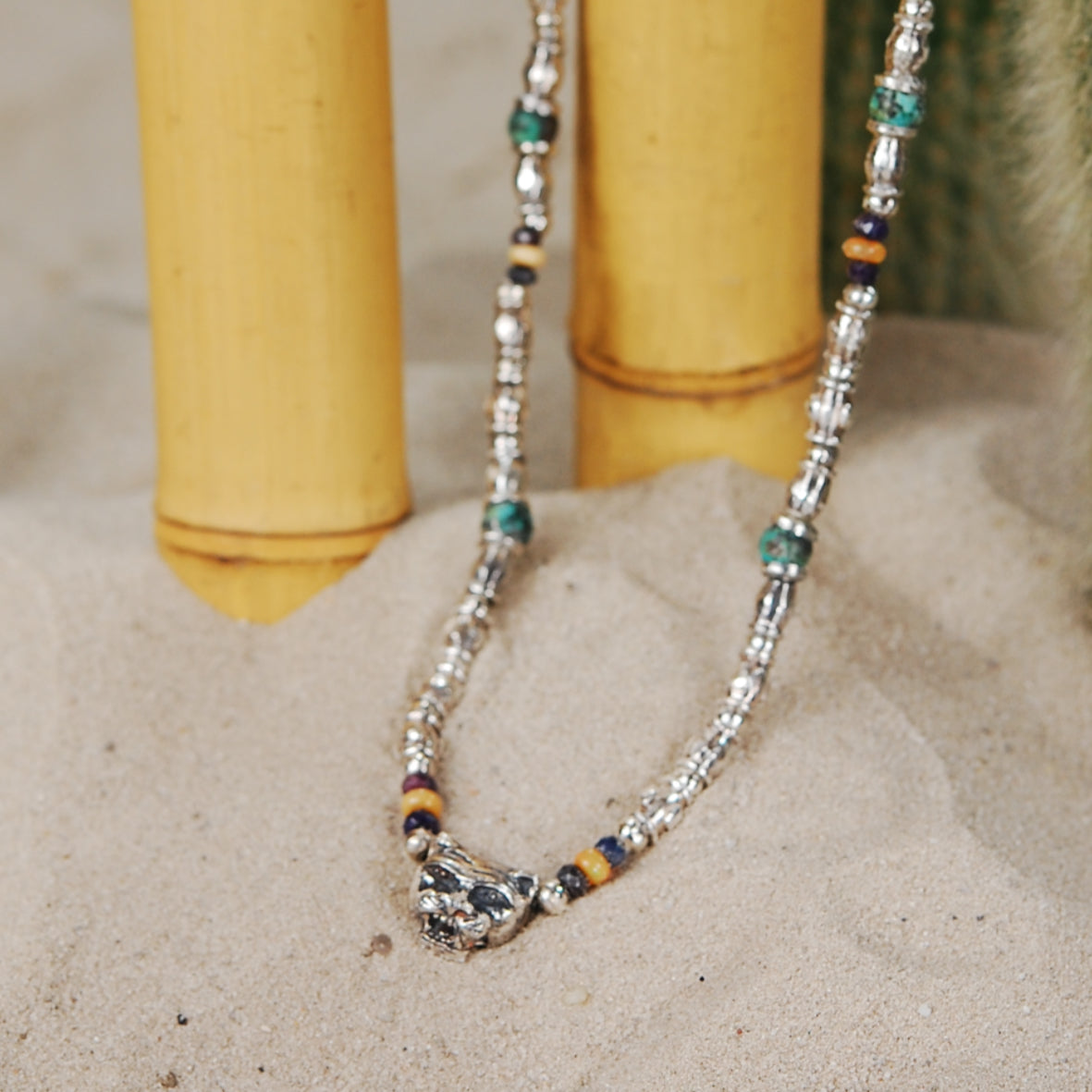 Silver Necklace TUBES with LION HEAD and Beads