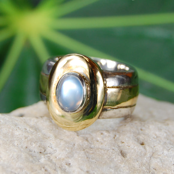 Silver Ring Oval Moonstone with 18ct Gold Stripes