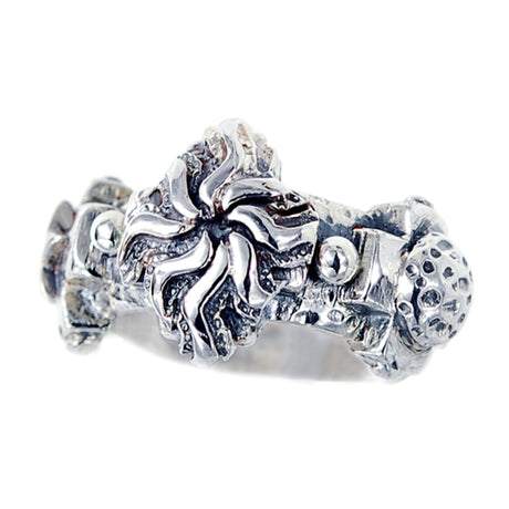Silver Ring 3 Greek Crosses Faceted and SUN MOON STAR
