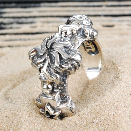 Silver Ring 3 Greek Crosses Faceted and SUN MOON STAR