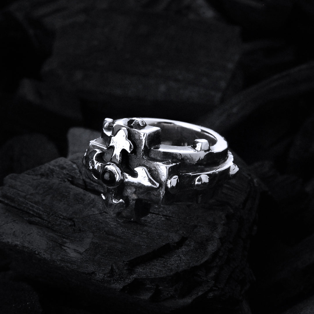 Silver Ring Greek BLADES Cross on Faceted Rivet Band