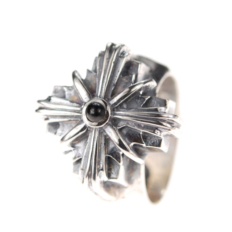 Silver Ring Greek MORNINGSTAR Cross on Plain Faceted Band