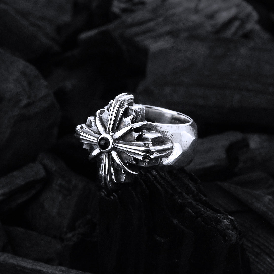 Silver Ring Greek MORNINGSTAR Cross on Plain Faceted Band