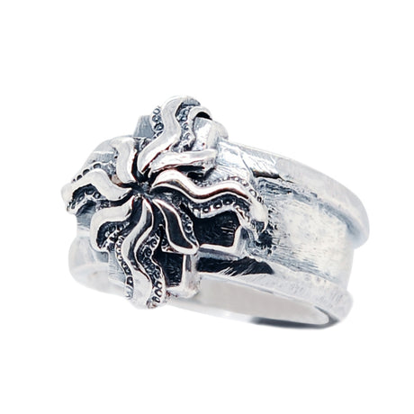 Silver Ring Greek Cross with Elfin SUN on Stripe Band