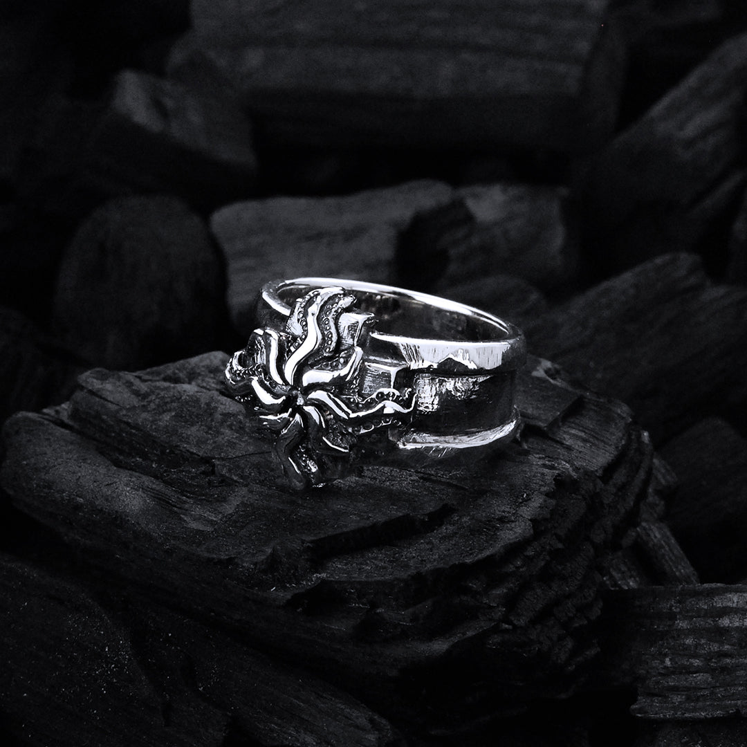 Silver Ring Greek Cross with Elfin SUN on Stripe Band