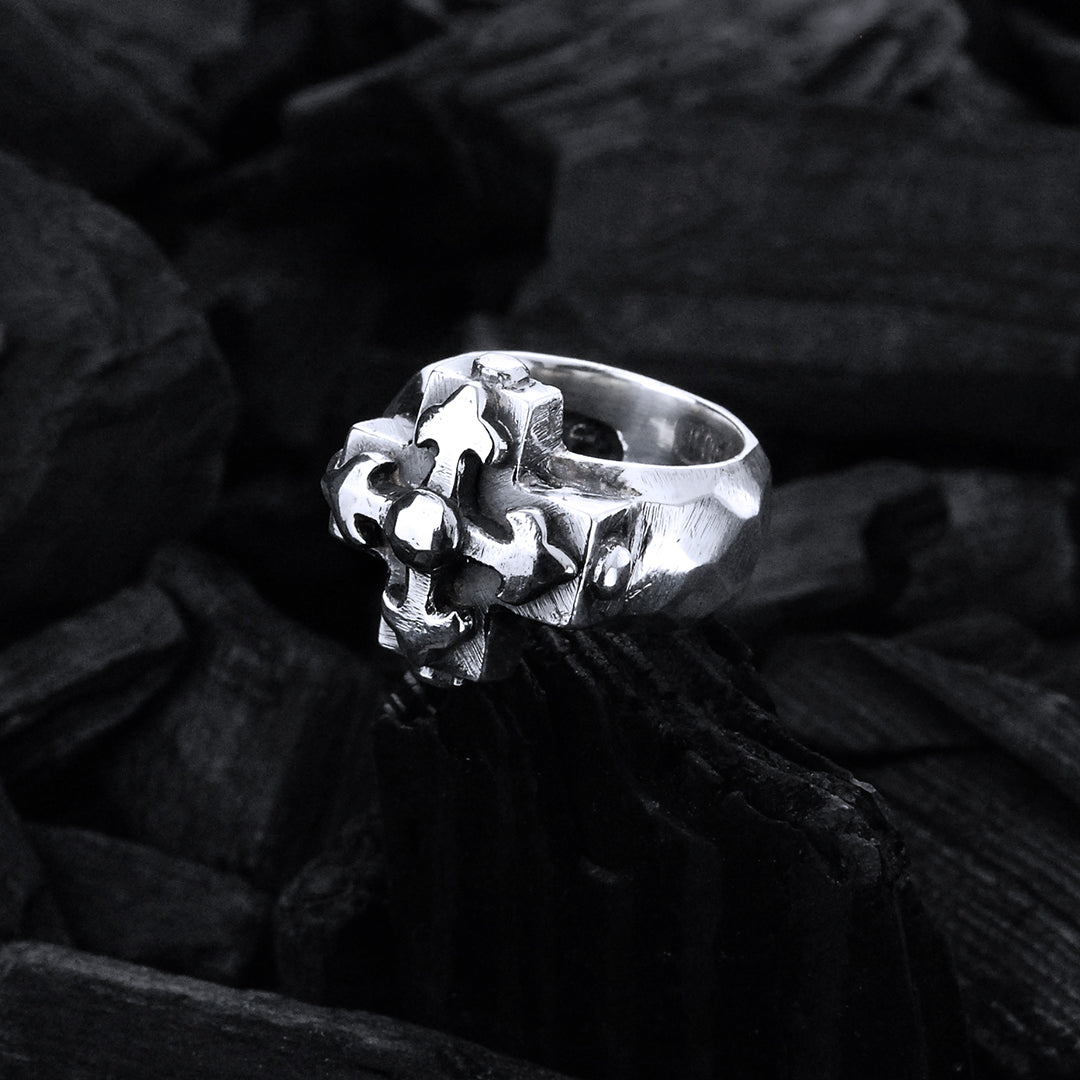 Silver Ring Greek BLADES Cross on Plain Faceted Band