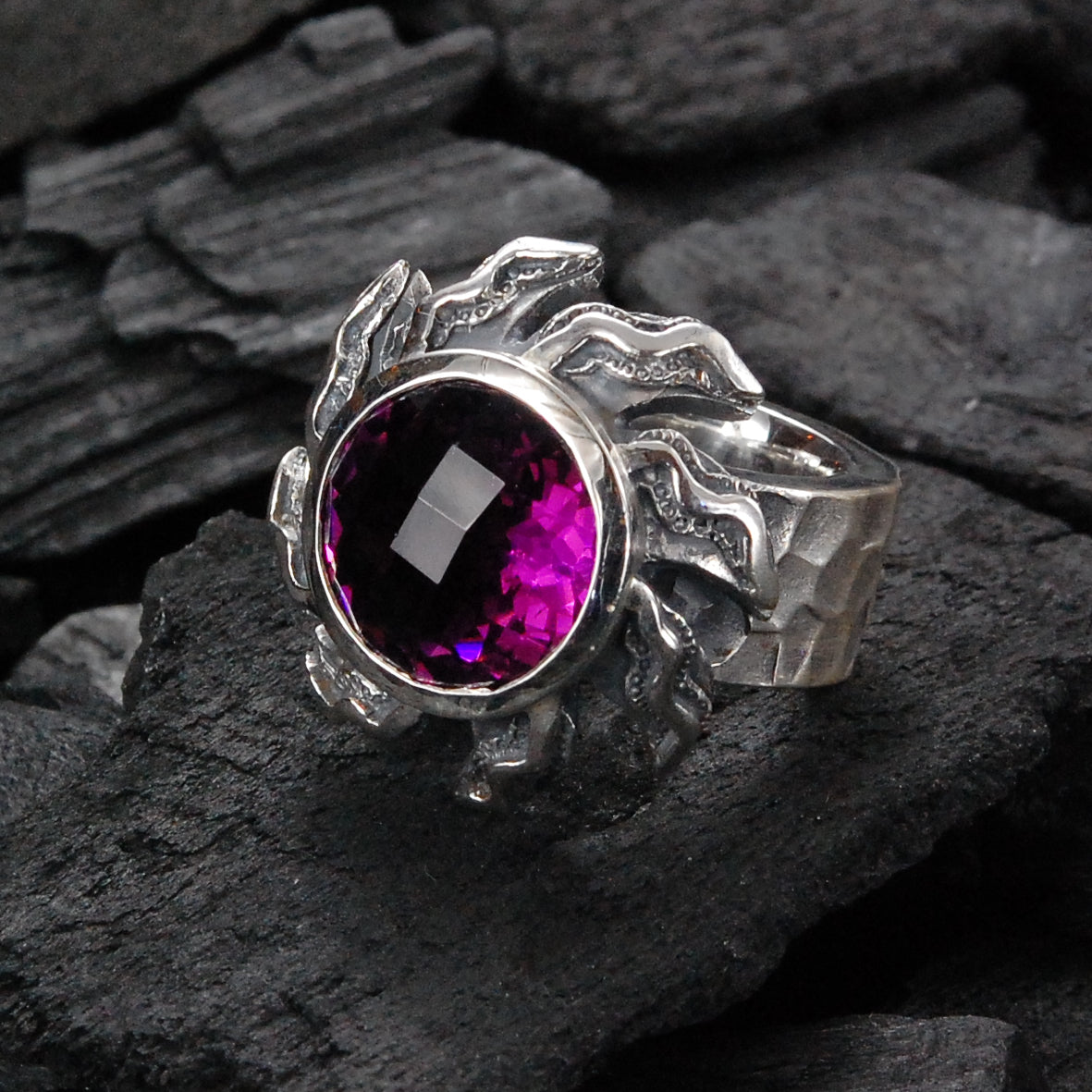 Silvcer Ring ham.10+ Elfin Spiral SUN+FLAMES+Stone