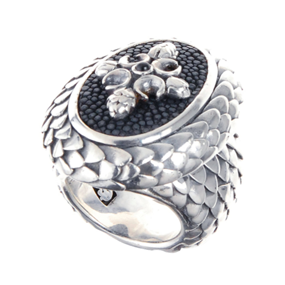 Silver Ring DRAGON SCALES with CRESCENT CROSS on Sea Ray Leather