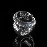 Silver Ring DRAGON SCALES with CRESCENT CROSS on Sea Ray Leather
