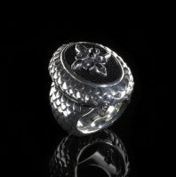 Silver Ring DRAGON SCALES with CRESCENT CROSS on Sea Ray Leather