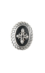 Silver Ring DRAGON SCALES with CRESCENT CROSS on Sea Ray Leather