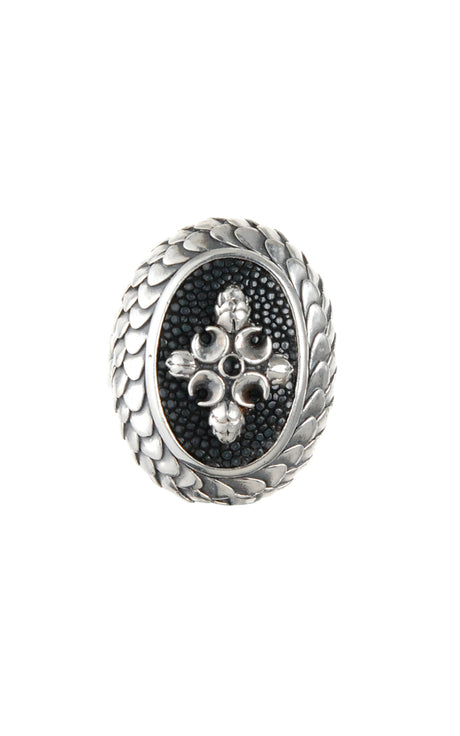 Silver Ring DRAGON SCALES with CRESCENT CROSS on Sea Ray Leather