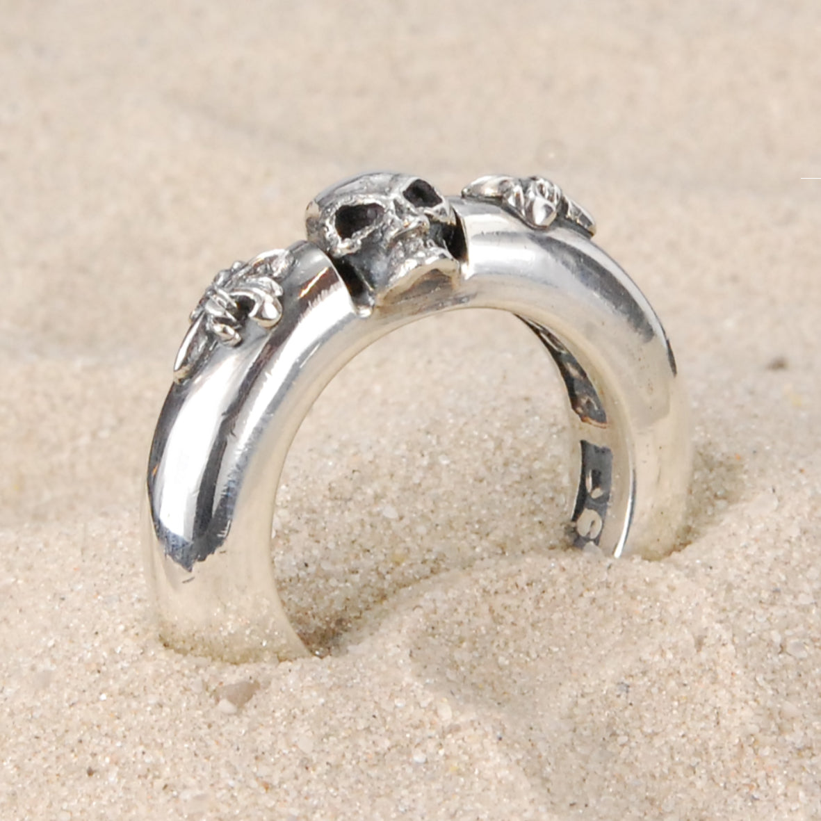 Silver Ring SKULL with LILIES on Plain Band