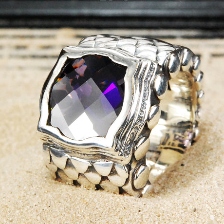 Silver Ring DRAGON SCALES Band with BAROQUE Holder