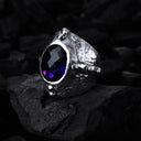 Silver Ring MIDDLE AGE Hammered Oval Framed Faceted Stone