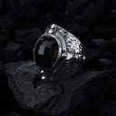 Silver Ring MID AGE Hammered Faceted Oval Framed Stone