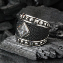 Silver Ring PYRAMIDE Stone and Pyramides Frame with Searay Leather Band