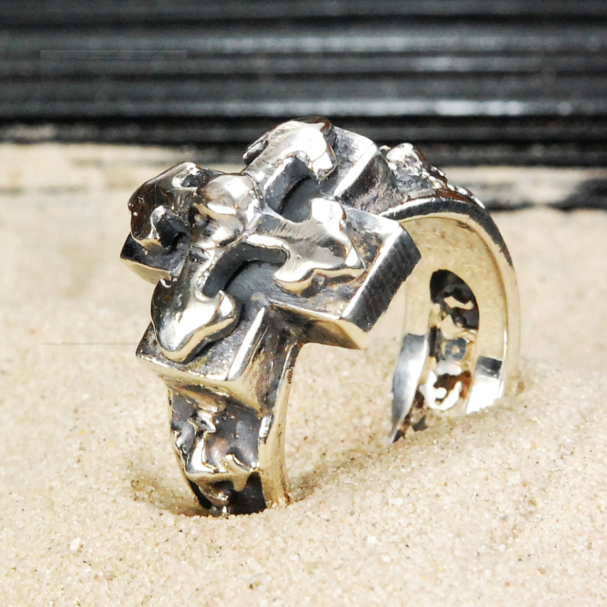 Silver Ring Band Crosses S with Greek Cross and BLADES CROSS