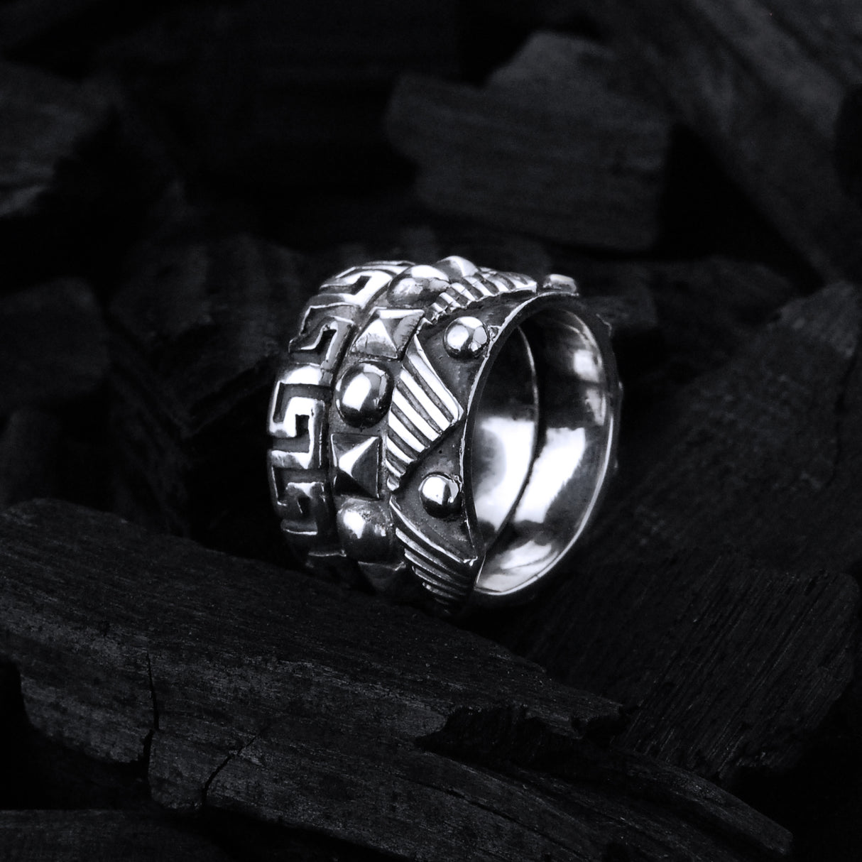 Silver Ring Spiral PYRAMIDES and DOMES and Meander