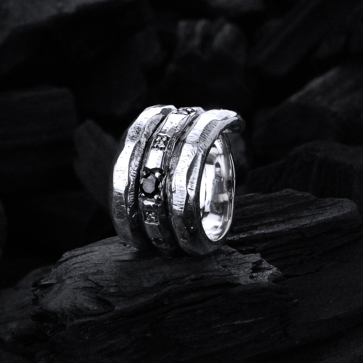 Silver Ring Spiral SUN and PLANETS +Black Diamond SUN